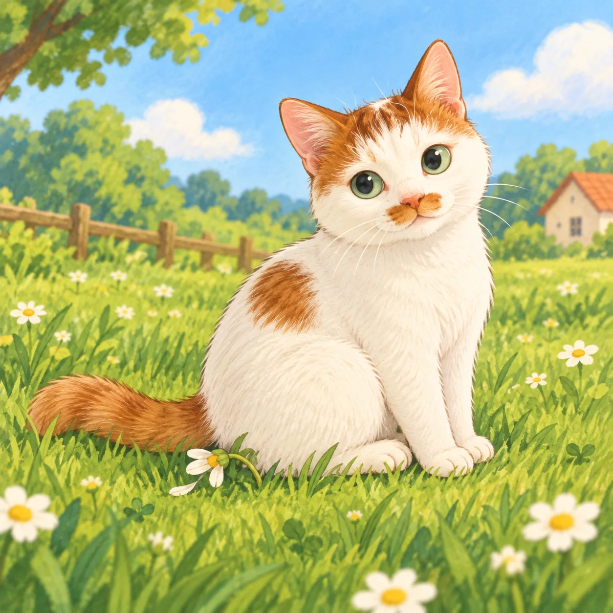A calico cat sitting in grass filled with small white flowers