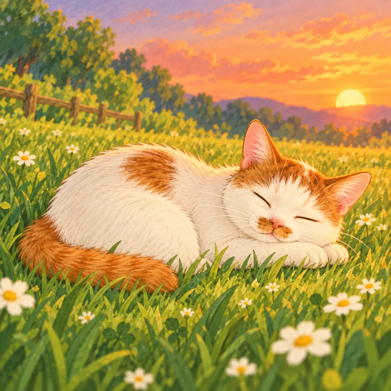 A calico cat sleeping in the grass at sunset