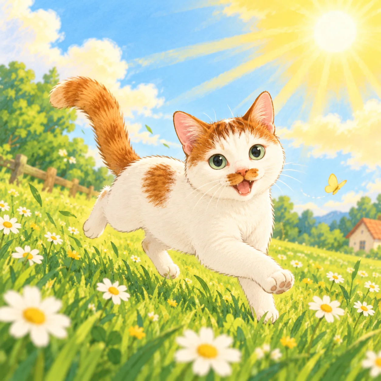 A calico cat running through sunlit grass
