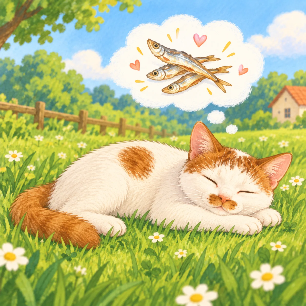 A calico cat dreaming of dried fish in the grass
